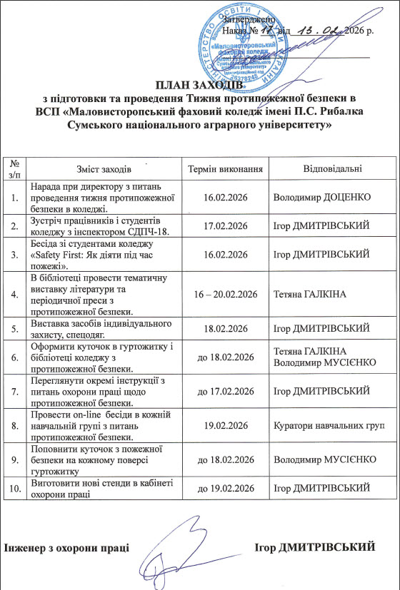  План заходів з підготовки та проведення Тижня протипожежної безпеки
